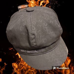 Harley Davidson Grey Newsboy Cabbie Hat Cap Distressed Swirl Flame Pattern Y2K